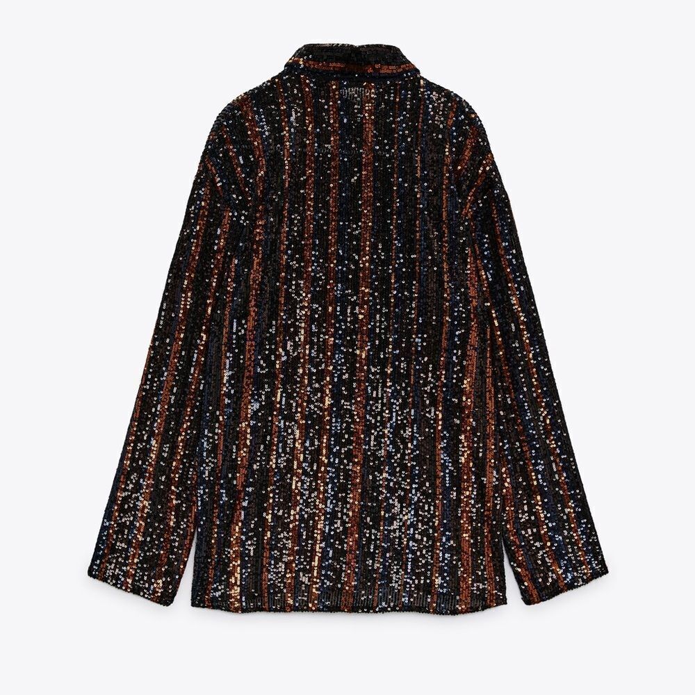 Zara black & burnt orange sequin pinstripe button-down shirt Sz M NWT - Picture 4 of 11